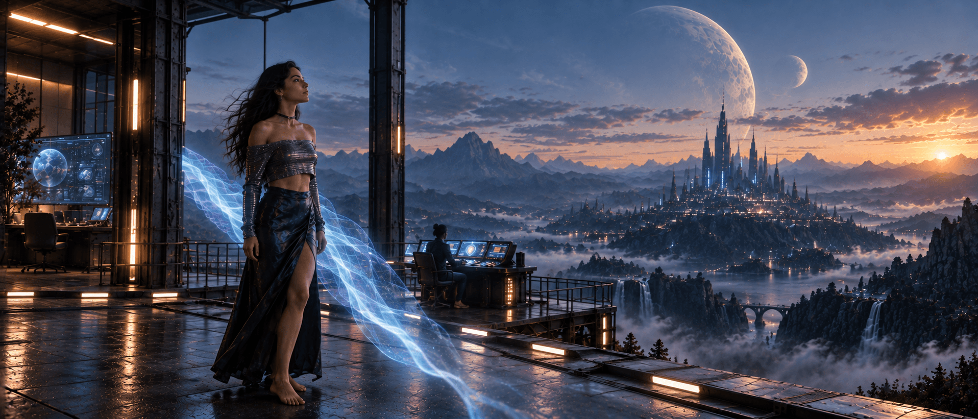 Production refinement of a woman with flowing blue energy overlooking a futuristic mountain city.