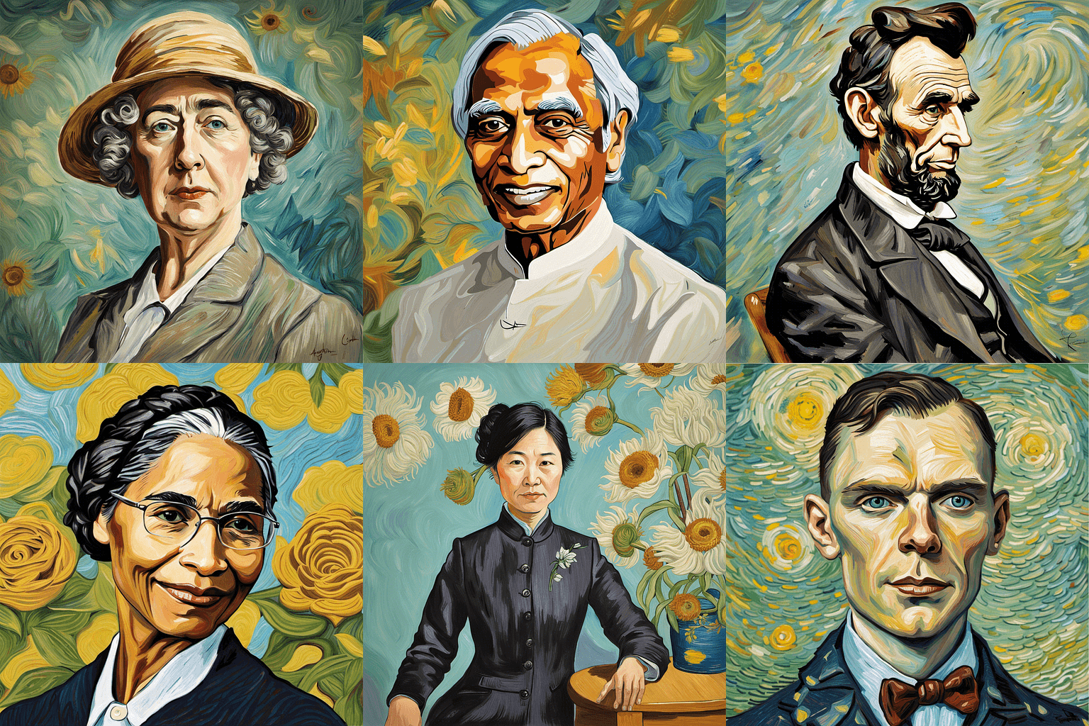 Painting in the style of Van Gogh featuring famous historical figures, characterized by vivid colors and expressive brushstrokes