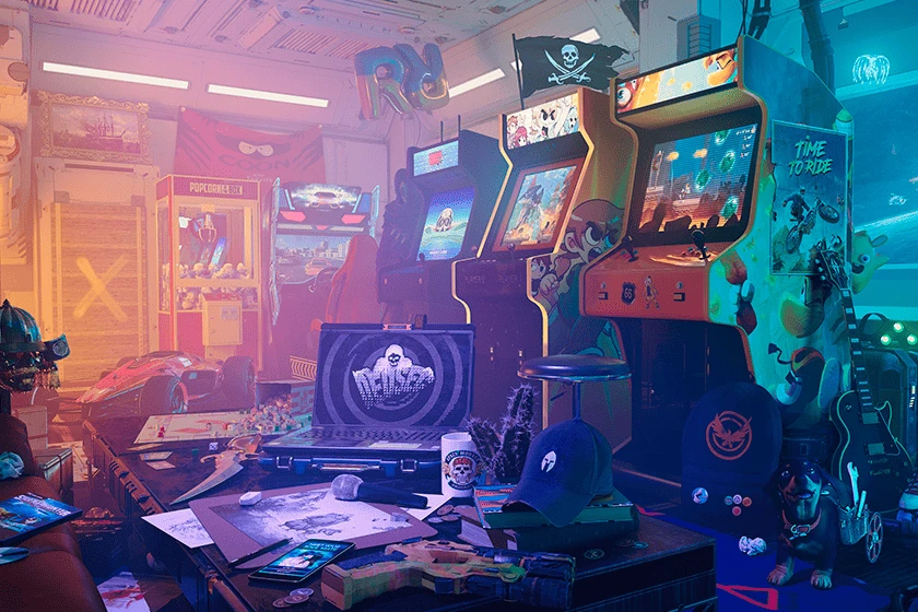Décor d'un jeu PopCorn Garage, une salle d'arcade futuriste rempli de références gaming à retrouver.