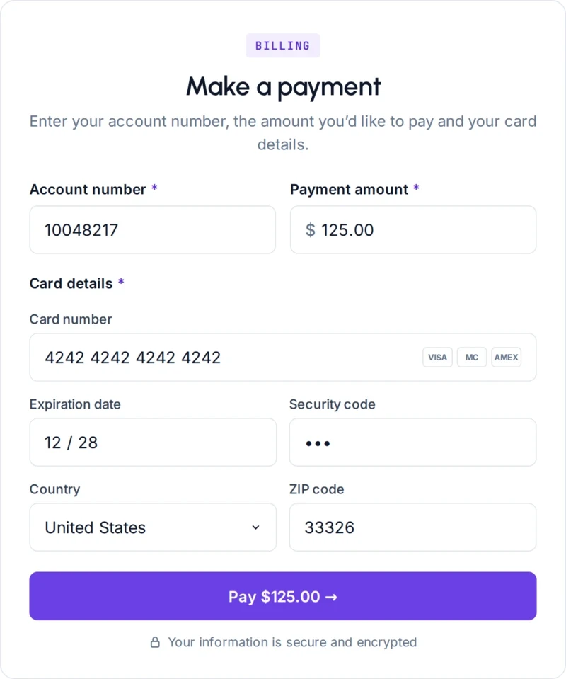 Gravity Pay’s Make a payment form: account number, payment amount of $125.00, card details and Pay $125.00