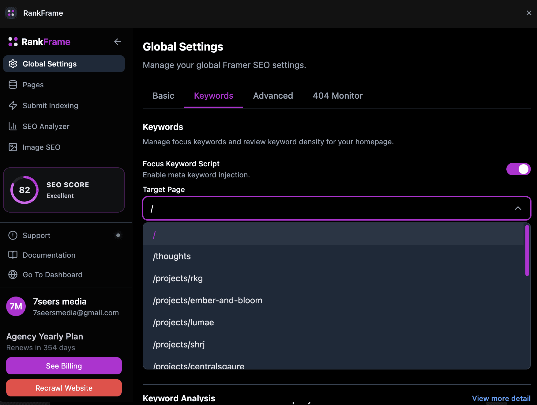Managing saved keywords in RankFrame