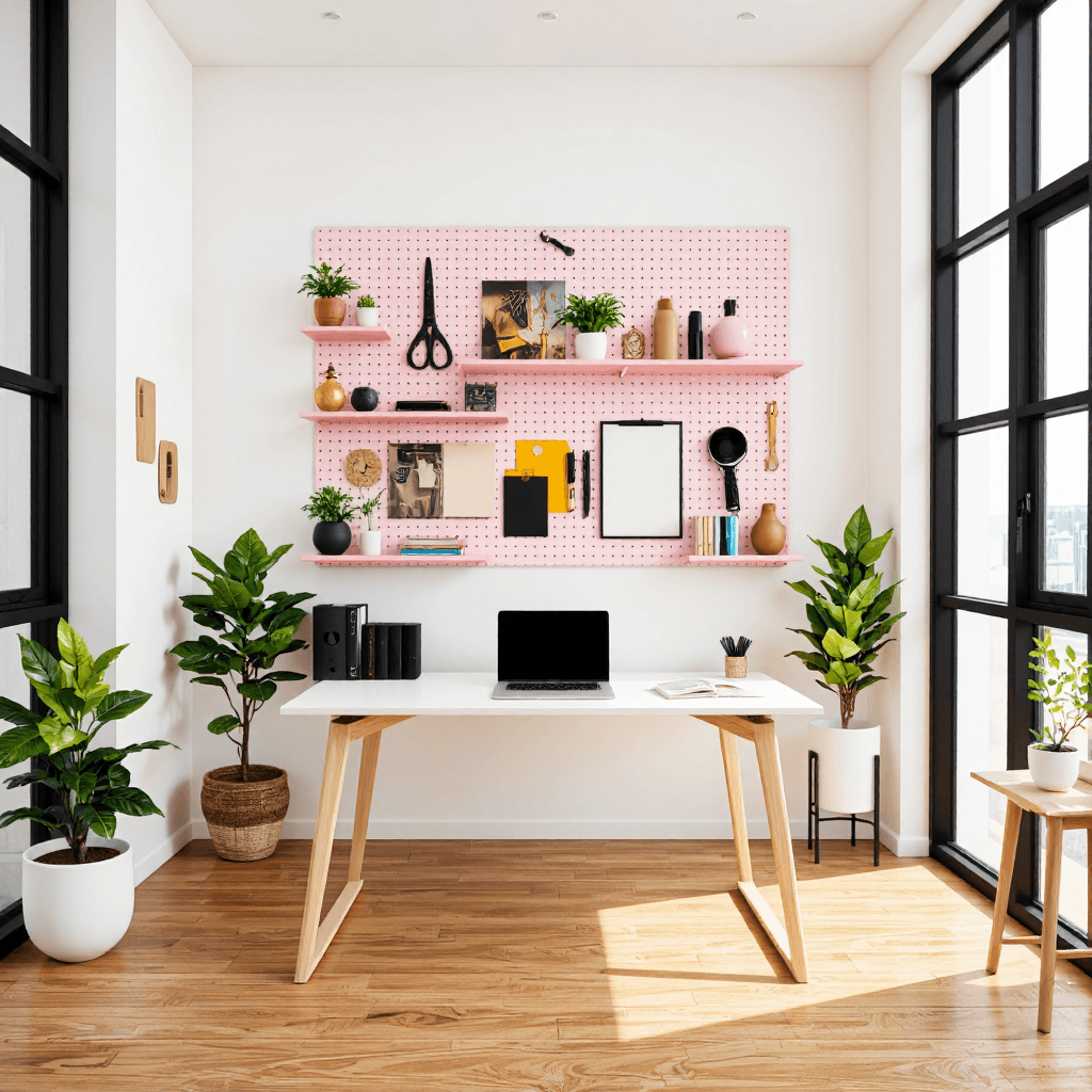 product photography of pink round pegboard wall shelf with two shelves