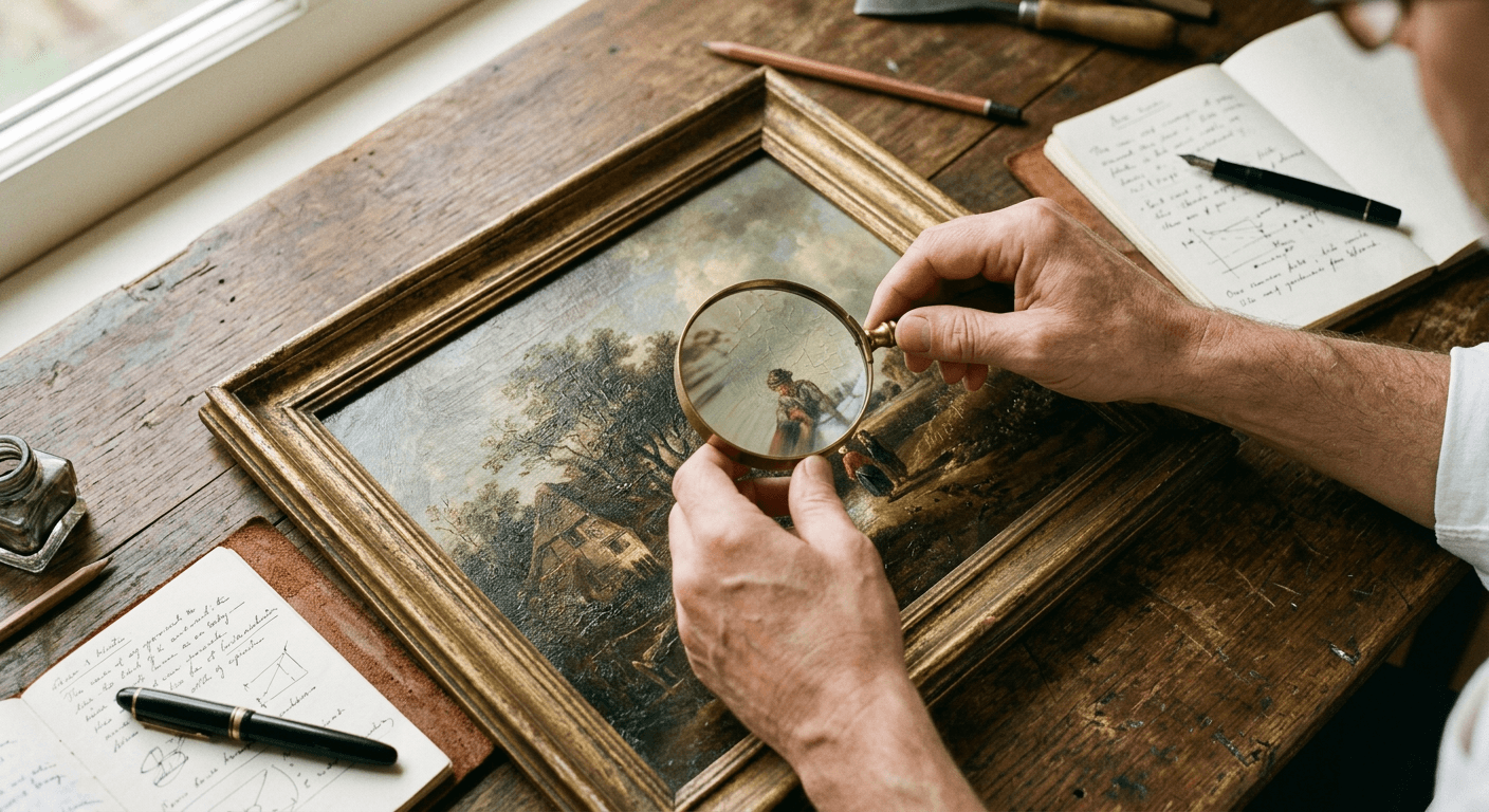 An art expert's hands holding a magnifying glass over an oil painting on a wooden desk, soft natural light from a window, scattered handwritten notes and a fountain pen nearby, warm muted tones, top-down editorial photography style, no faces, no text