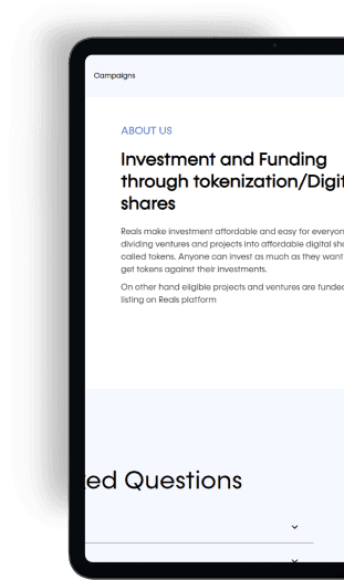 dashboard of REALS illustrating digital investment options with secure blockchain technology