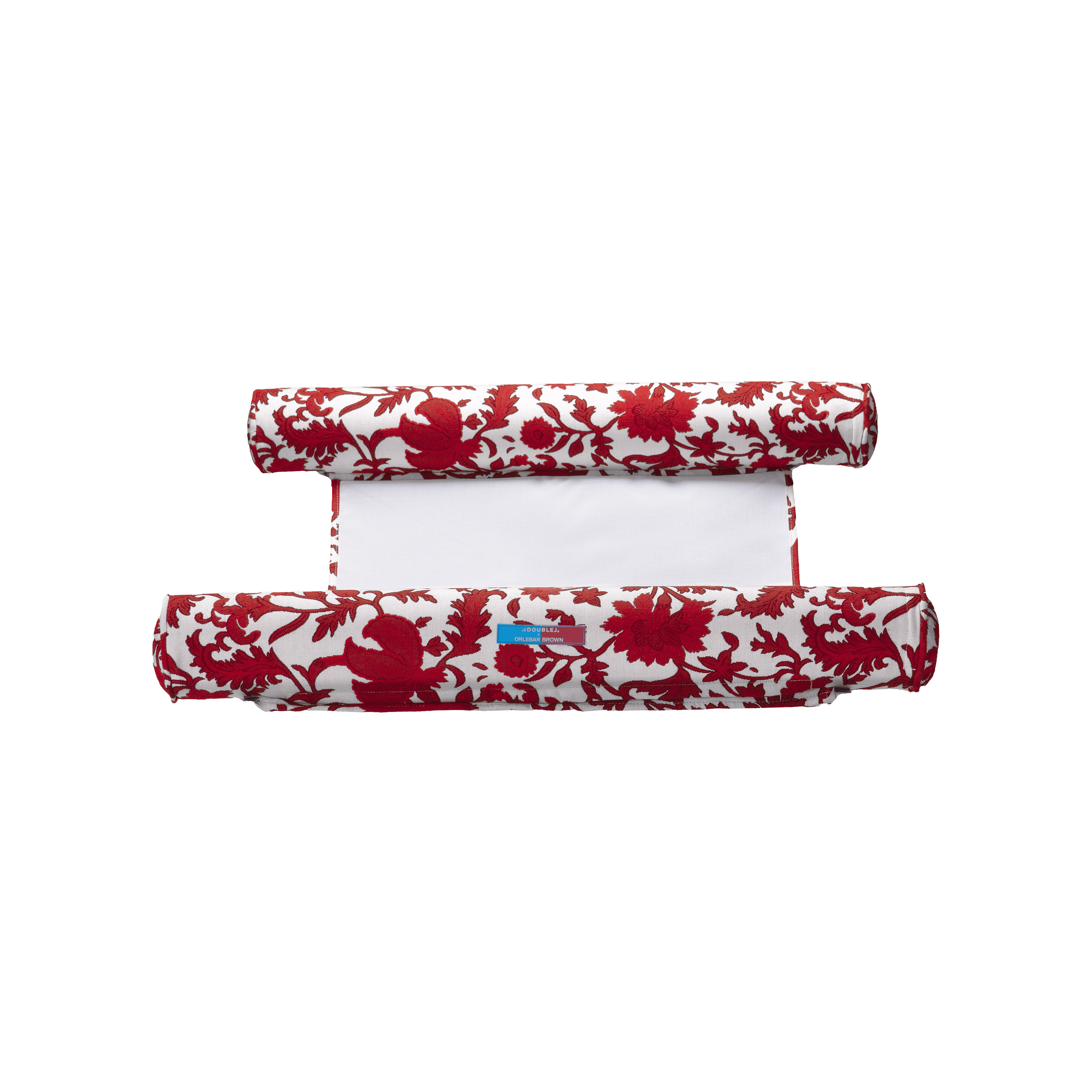Hammock pool float showing red-and-white Dragonflower jacquard, rolled shape, and white base