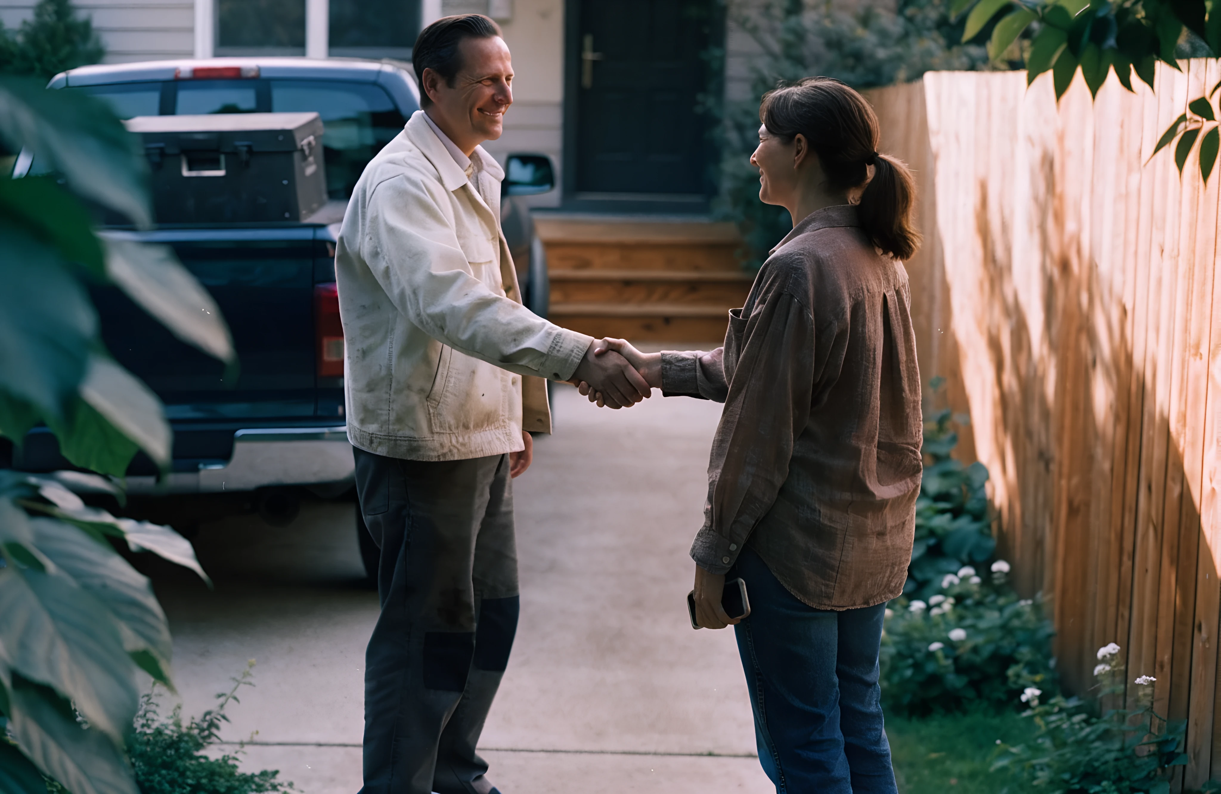 Tradesperson greeting a referred homeowner who looked him up first, showing why you need a website if you get referrals