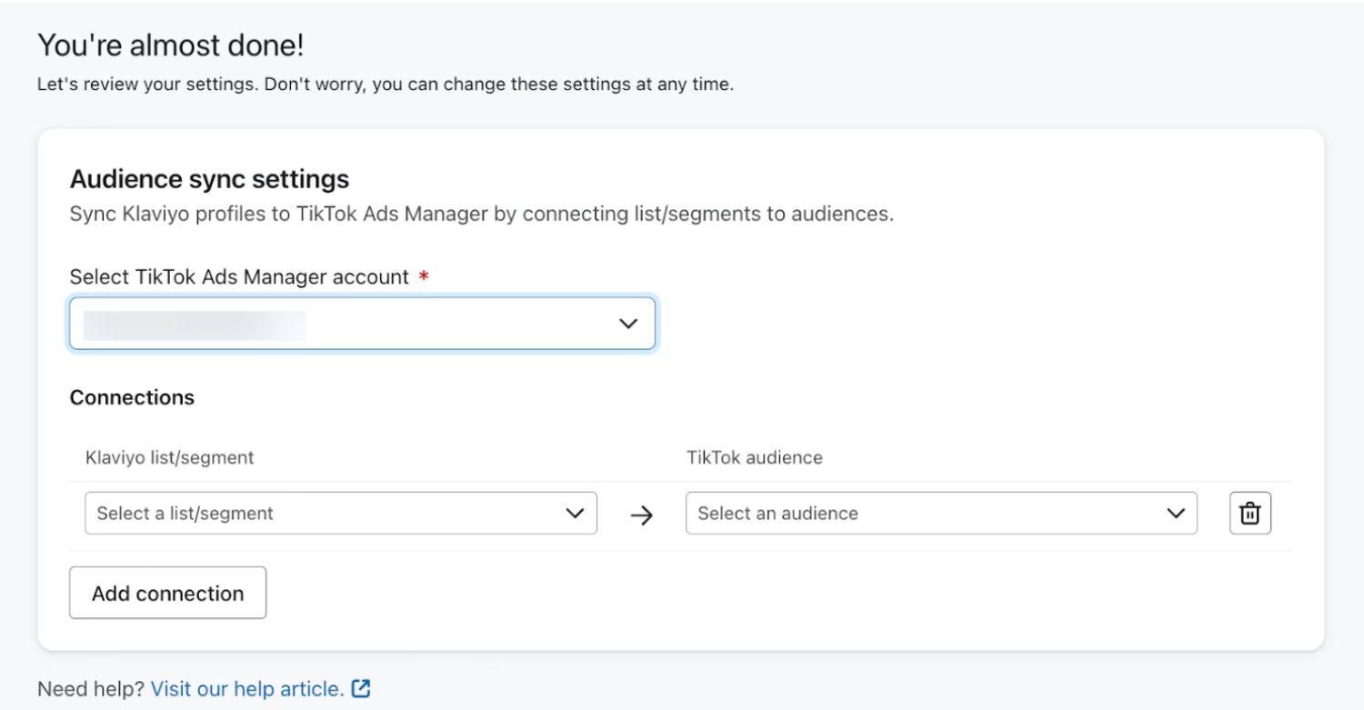 Select Ads Manager Account: A Klaviyo audience sync settings page, linking a Klaviyo segment to a TikTok Ads Manager account.