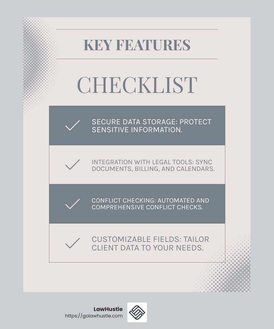 Effective Client Management Software Features - law firm client management infographic checklist-light-blue-grey