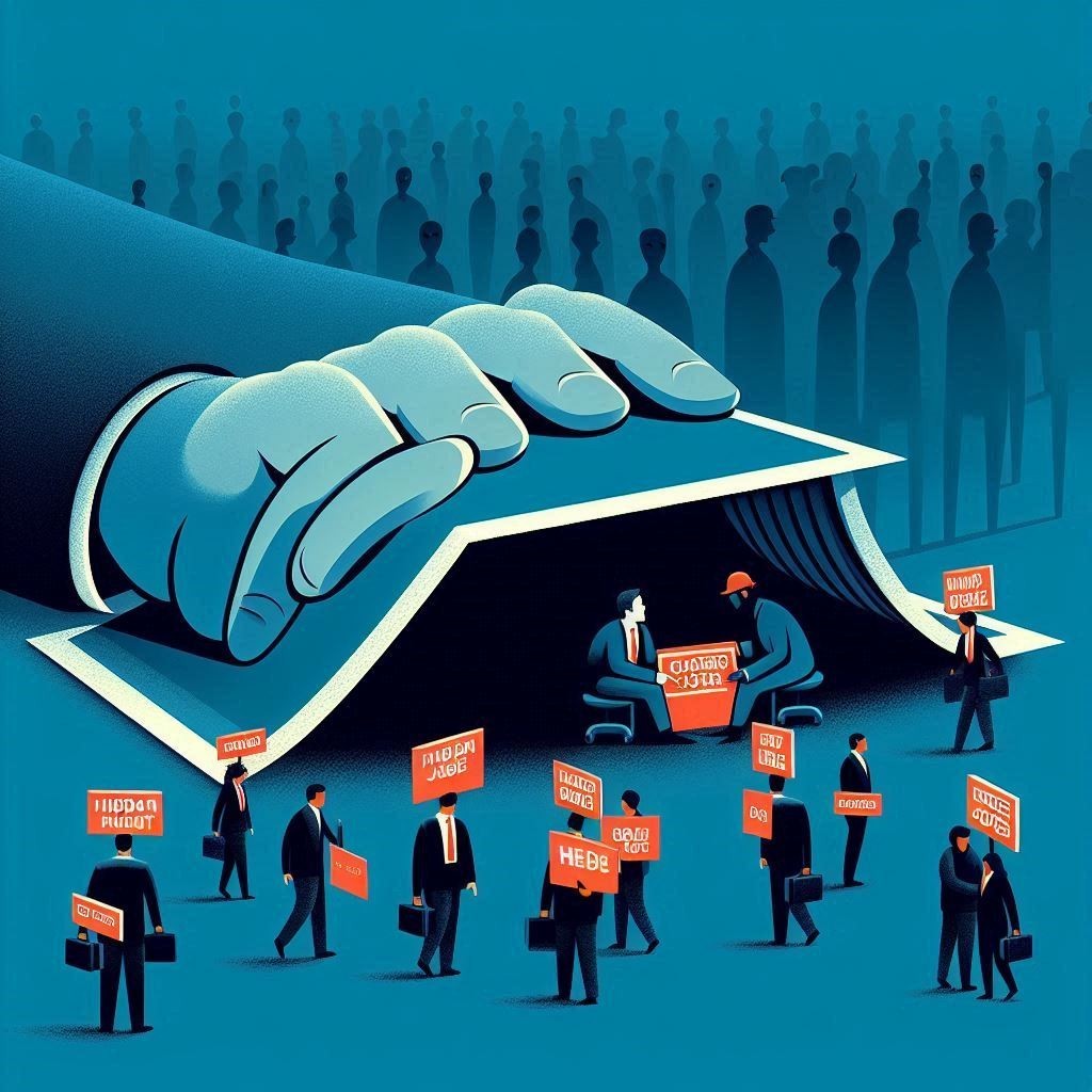A giant hand lifts a book, revealing two men conspiring beneath. Shadowy figures hold protest signs, creating a tense, secretive atmosphere signifying the hidden job market.