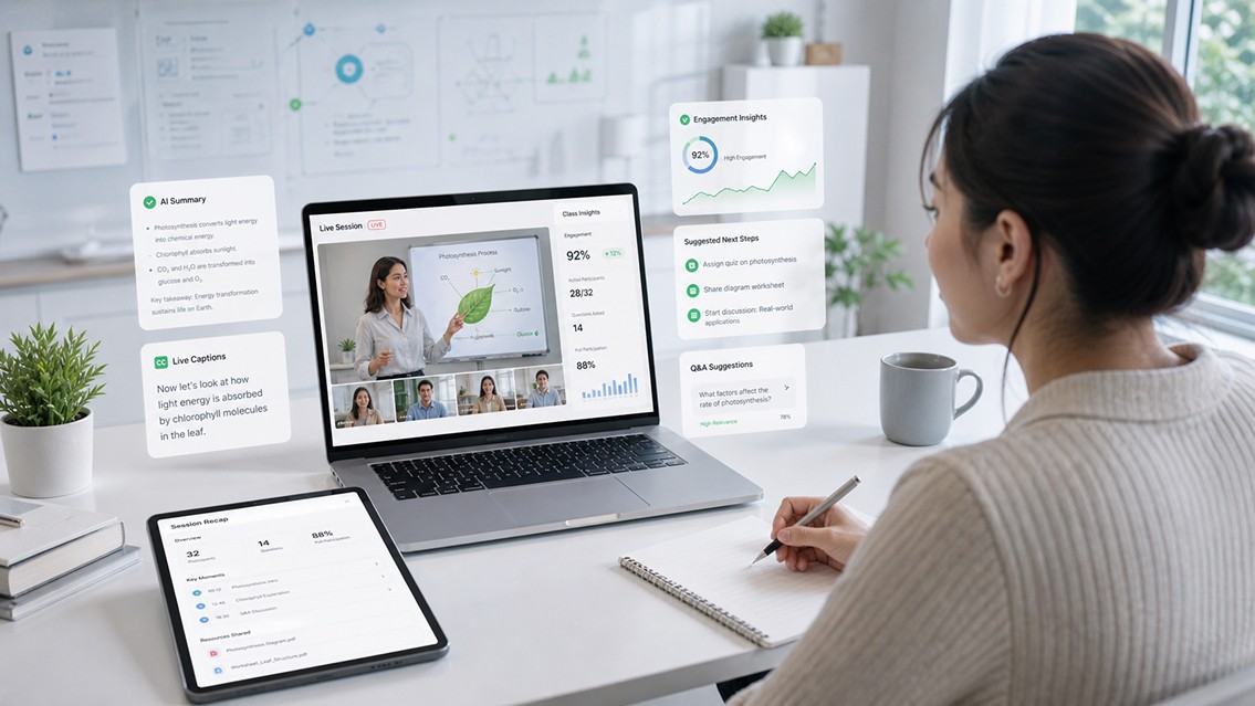 Online educator using live session AI tools to analyze virtual classroom activity