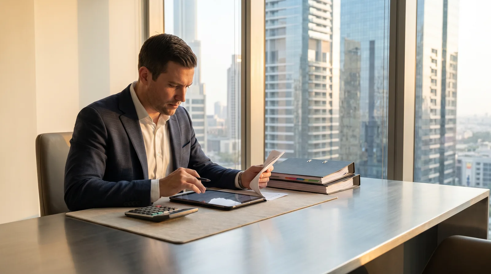 American founder planning a Dubai company setup at a modern desk with the skyline behind