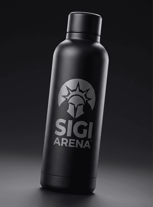 Mockup gourde SIGI Arena personnalisée avec le logo de l’émission
