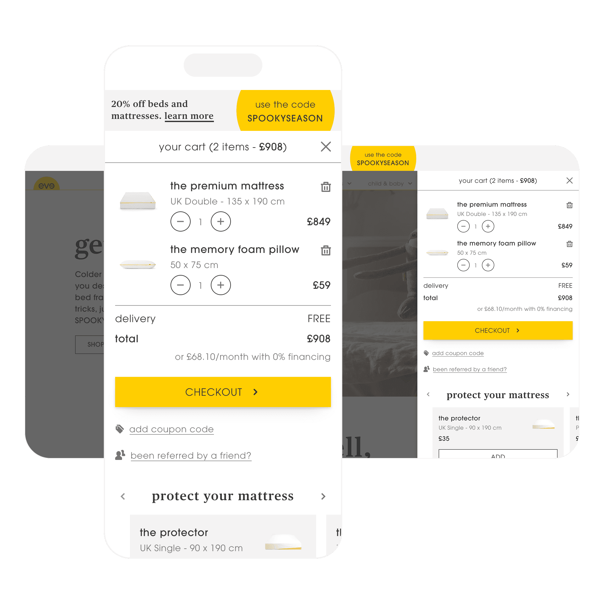 A mobile and a desktop preview of the eve sleep peeking cart.