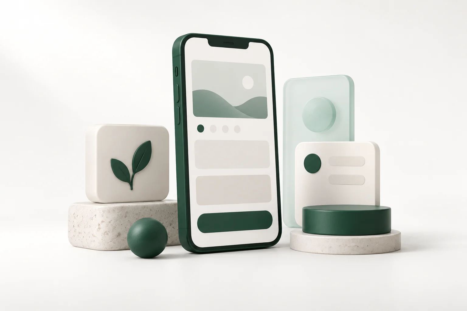 3D illustration of a mobile app and interface elements in Scotá Labs colors.