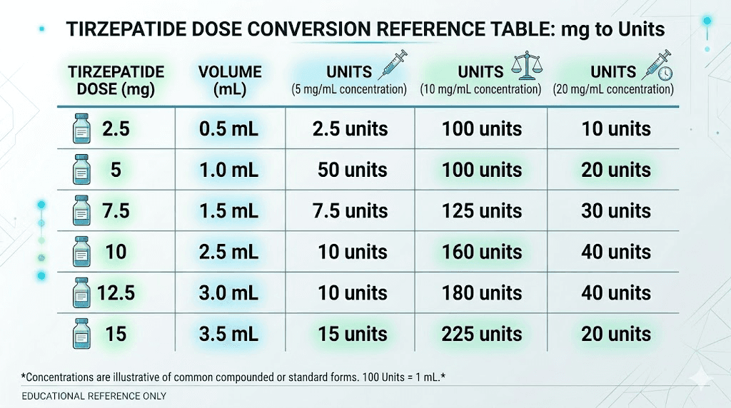 Complete tirzepatide dose conversion chart from mg to units at all concentrations