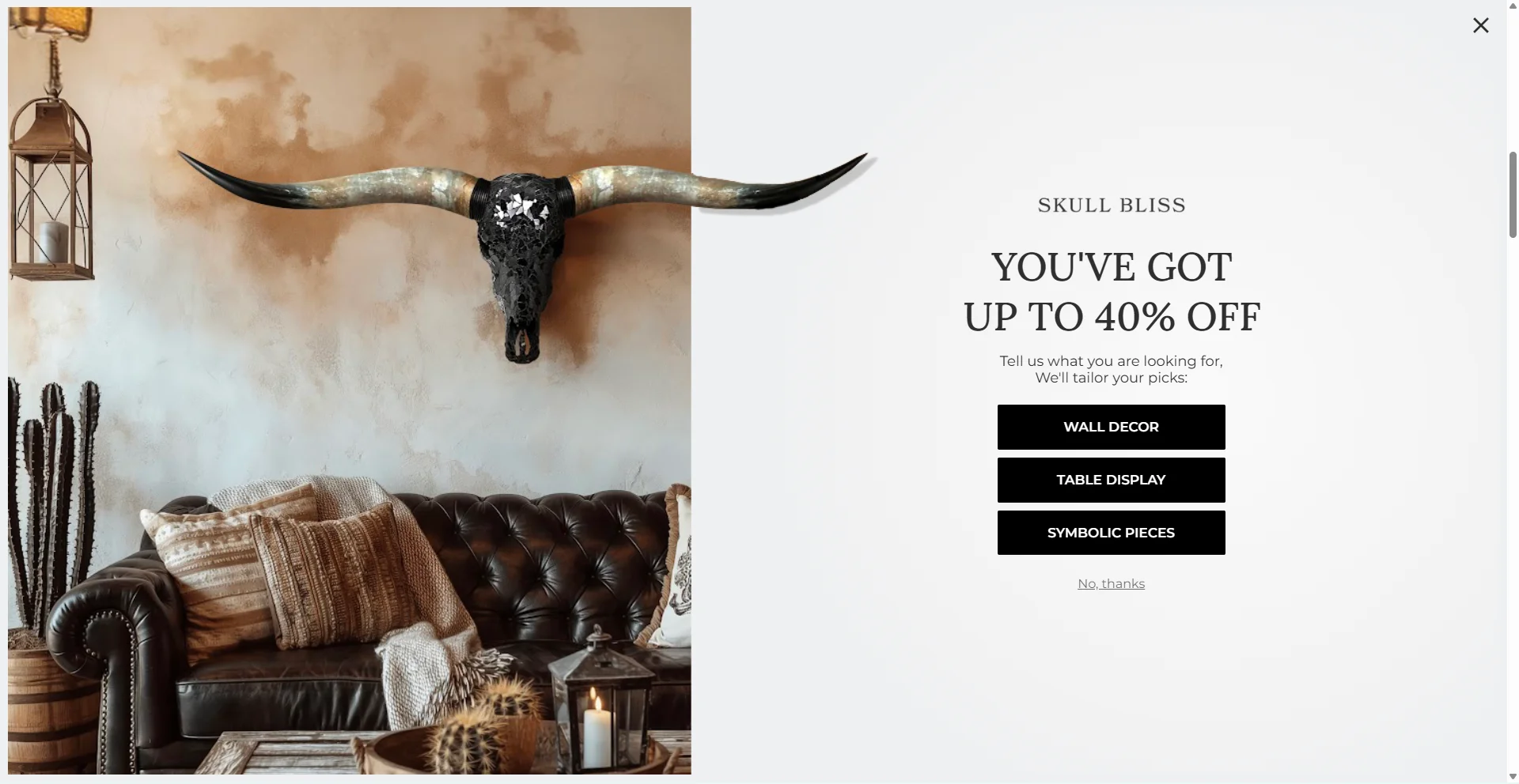 A full-screen e-commerce promo popup for Skull Bliss offering up to 40% off, featuring an interior design product photo on the left and audience segmentation buttons on the right.