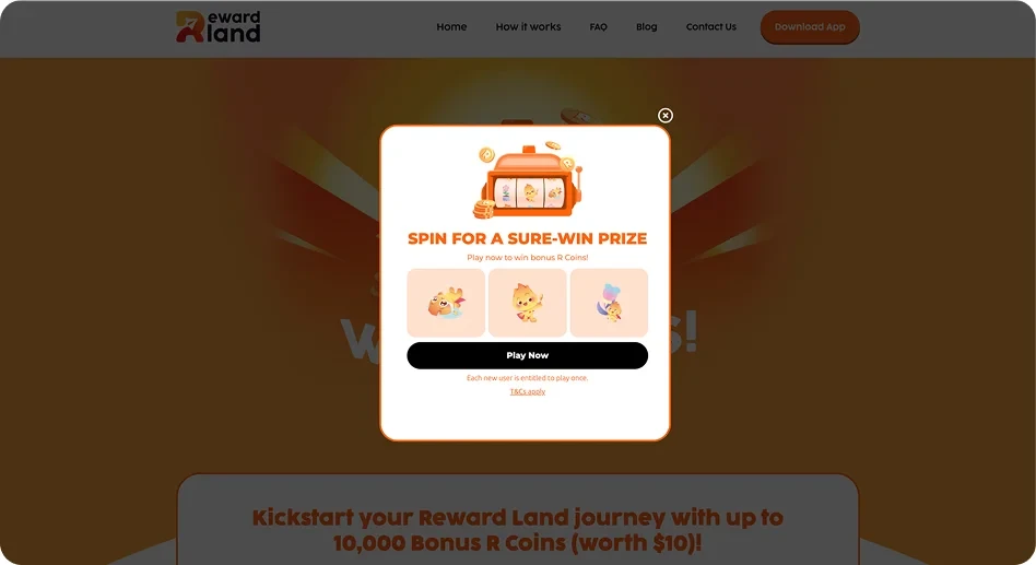 Gamified slot machine exit-intent popup example by Reward Land, offering bonus coins to increase user retention and engagement