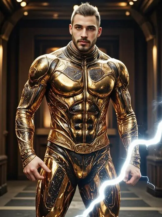 Bronze armored lightning hero via AI superhero generator