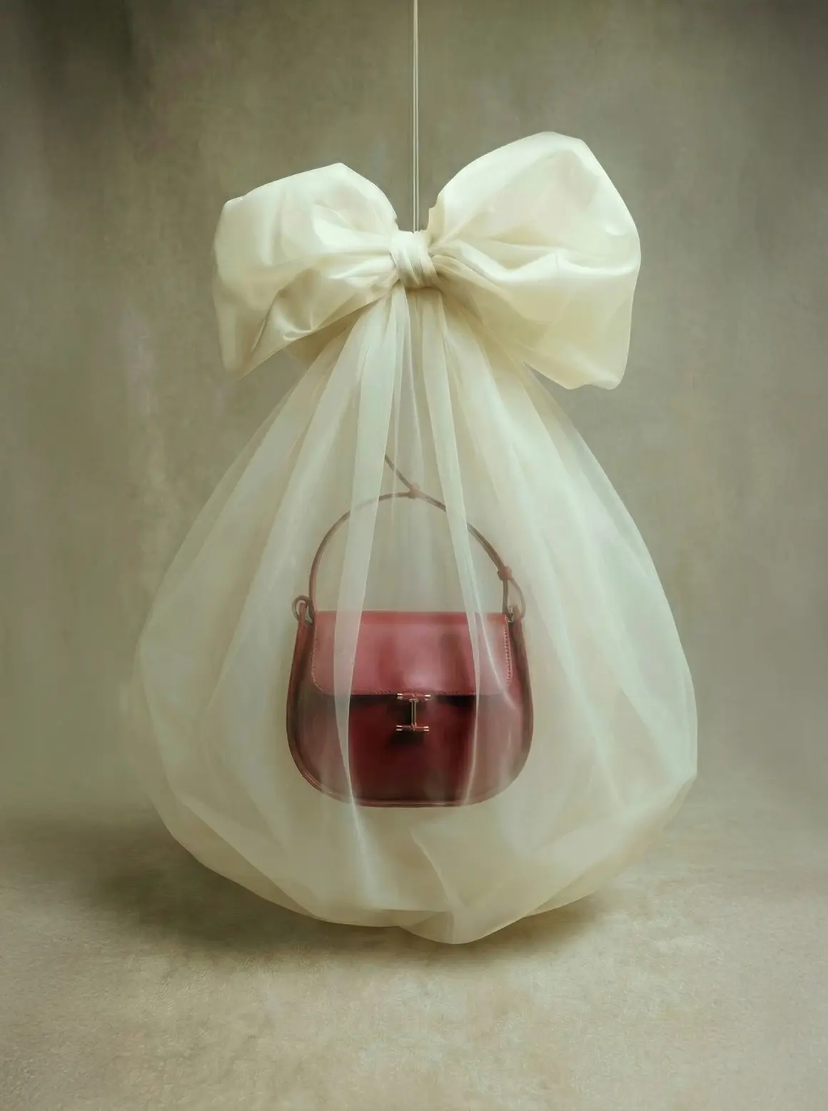 A luxurious red handbag is elegantly draped in translucent white fabric with a large bow, showcasing high-end visuals in a fashion brand setting, perfect for an AI production project.