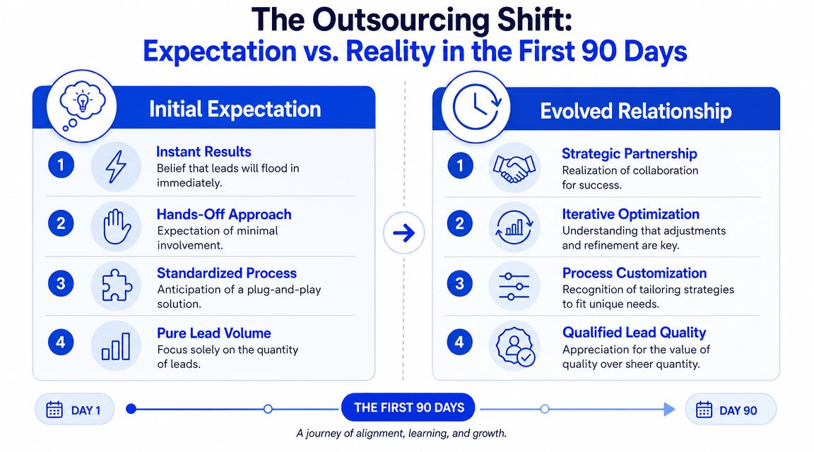 A diagram comparing initial expectations versus the evolved reality of outsourcing lead generation over ninety days.