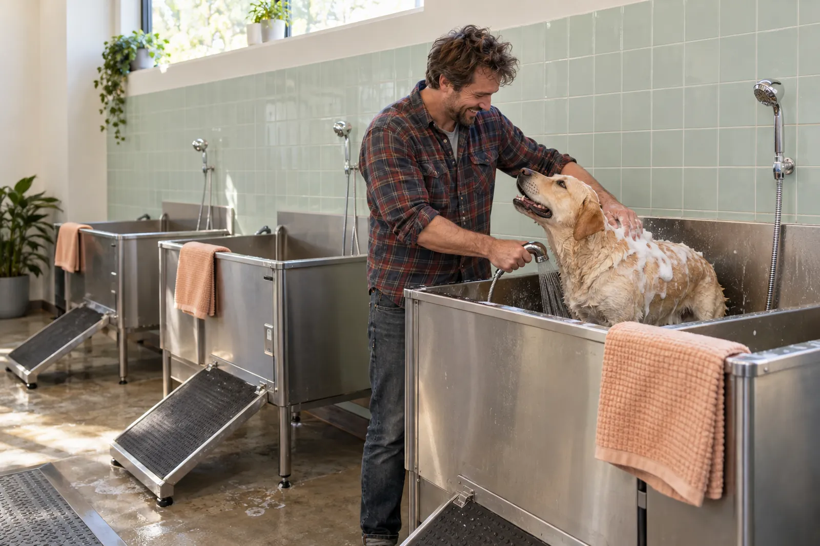 The self-wash room: three waist-high steel tubs with ramps and towels, an owner washing a yellow lab