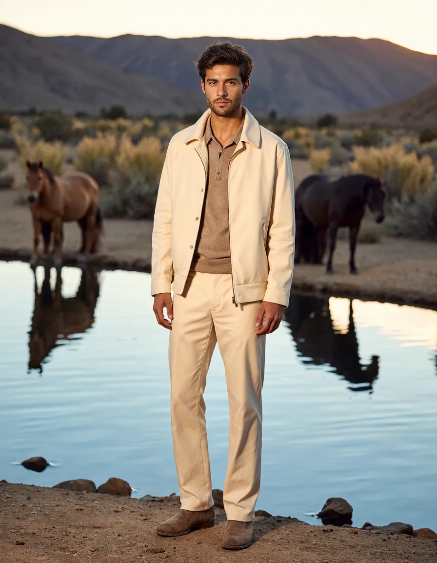 Fashion photography featuring cream outfit beside desert watering hole with wild horses and mountains during golden hour sunset
