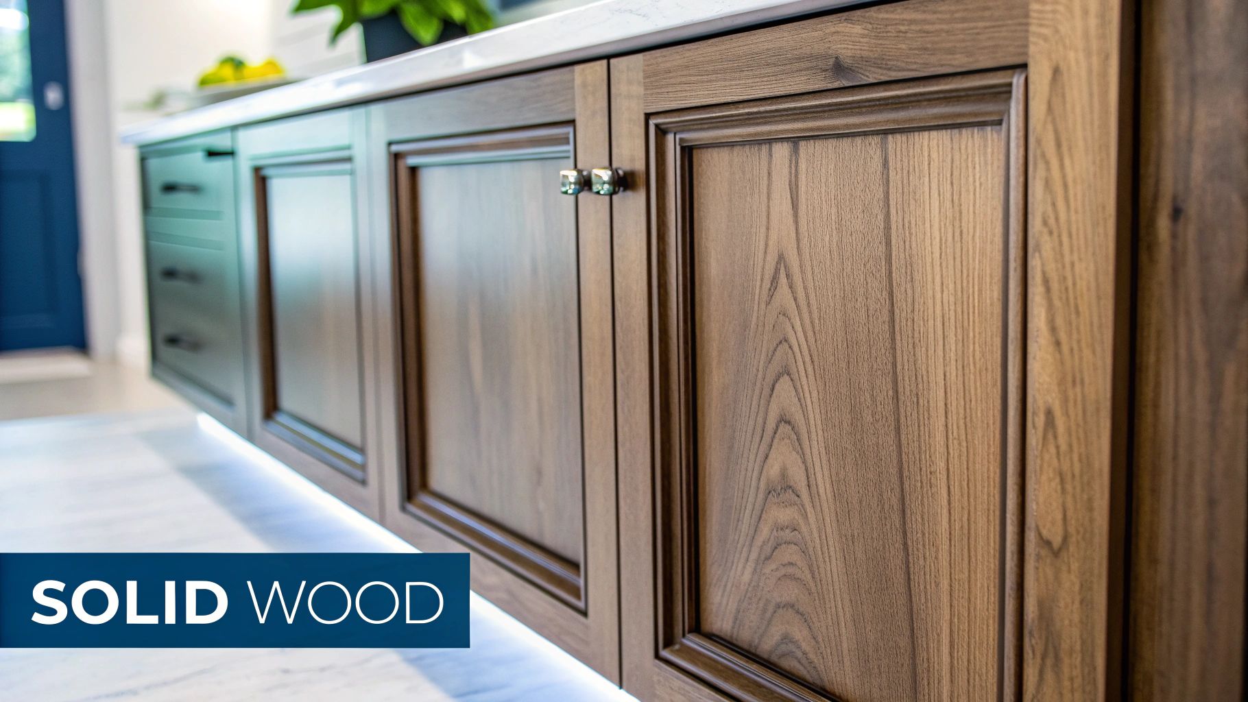 Close-up of elegant solid wood kitchen cabinets with detailed paneling and soft under-cabinet lighting.