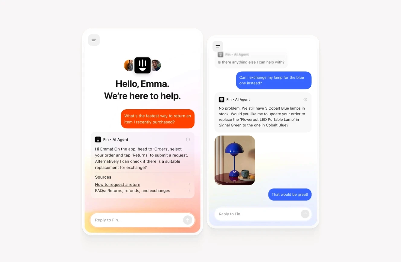 A chatbot interface from Intercom, featuring an AI assistant