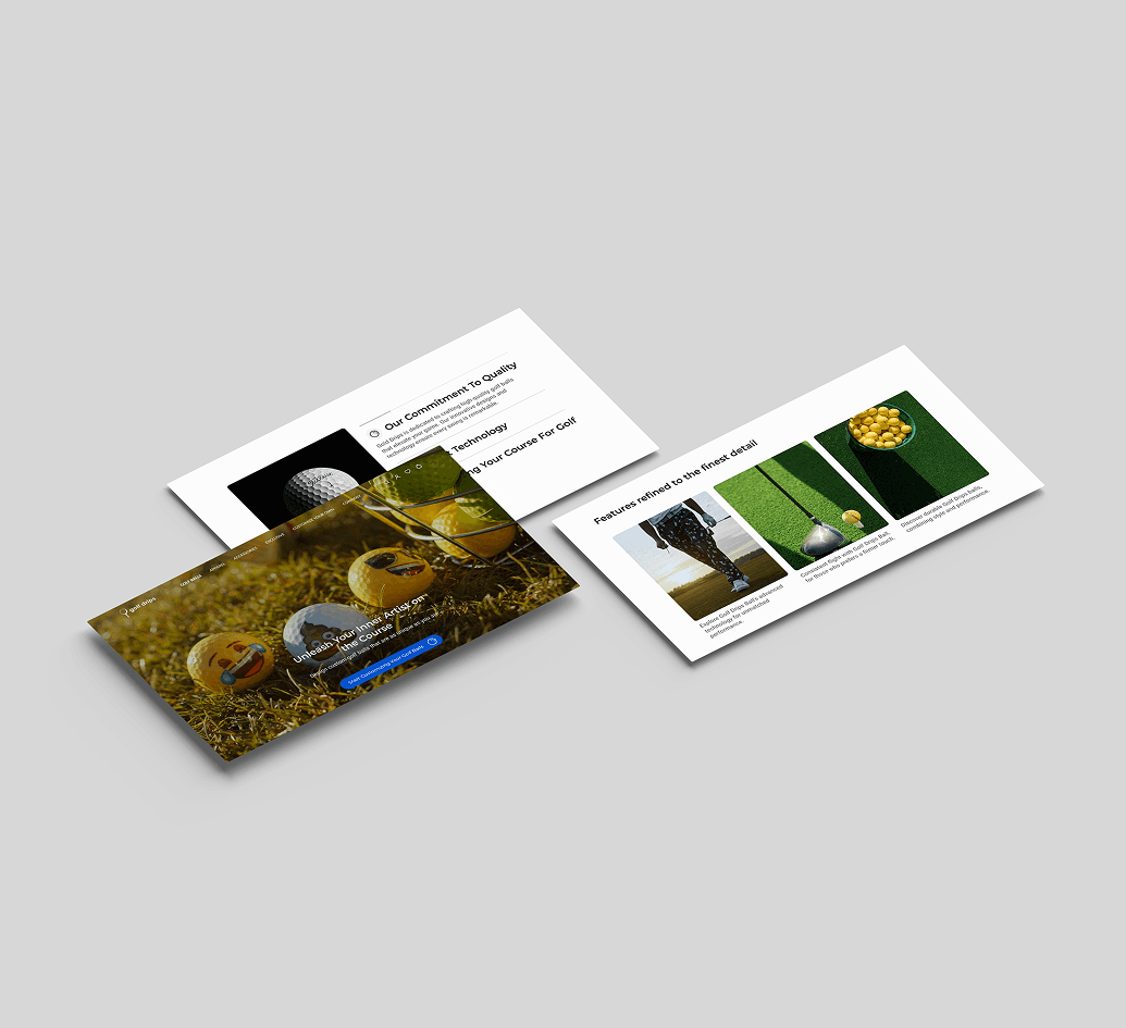 "Stylish golf-themed website mockups showcasing creative golf ball designs, product features, and commitment to quality. Ideal for golf enthusiasts, sports brands, and golf accessories marketing."