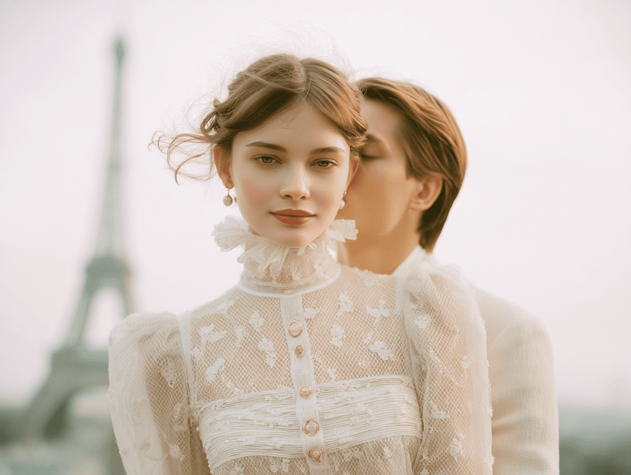 Bride in a lace high-neck gown with the Eiffel Tower in soft focus, Paris Saint Laurent wedding photographer portrait