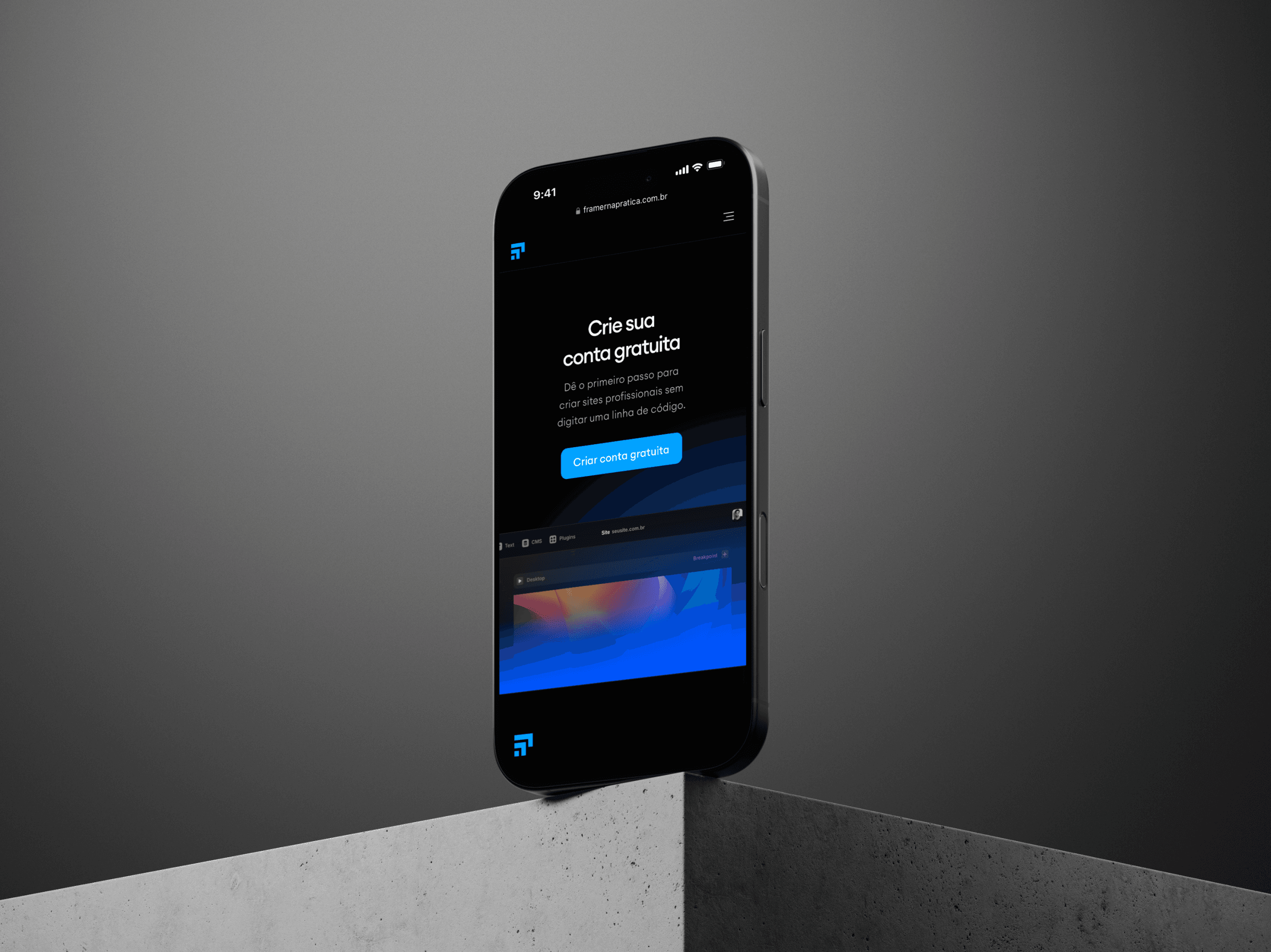 Mockup mobile da página inicial do Framer na Prática.