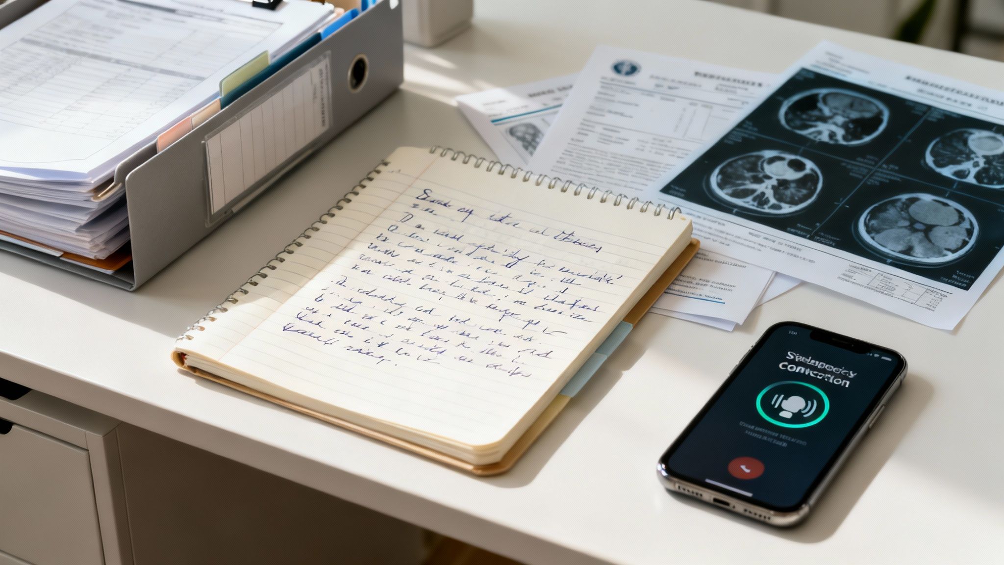A desk with medical documents, a handwritten notebook, and a phone showing a 'Concussion' notification.
