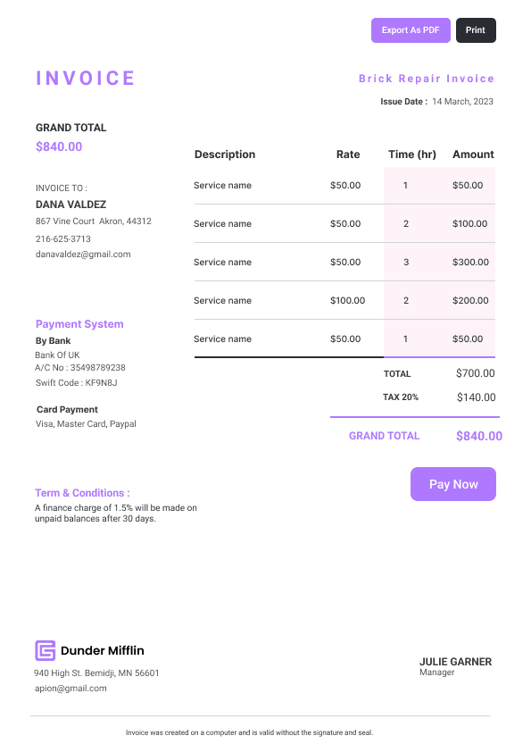 Brick Repair Invoice