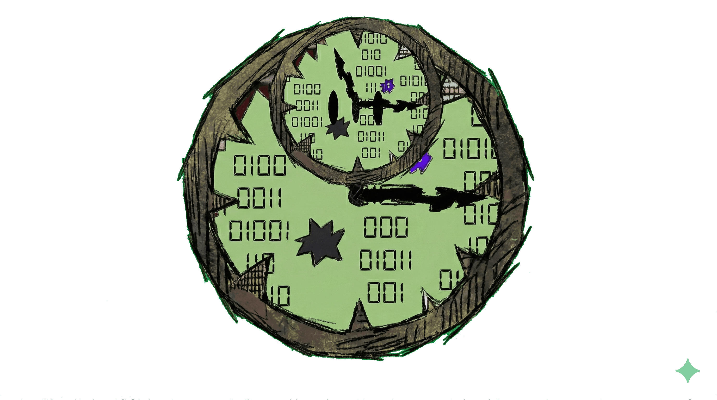 Glitchy, Distorted Clock with green background and binary overlay