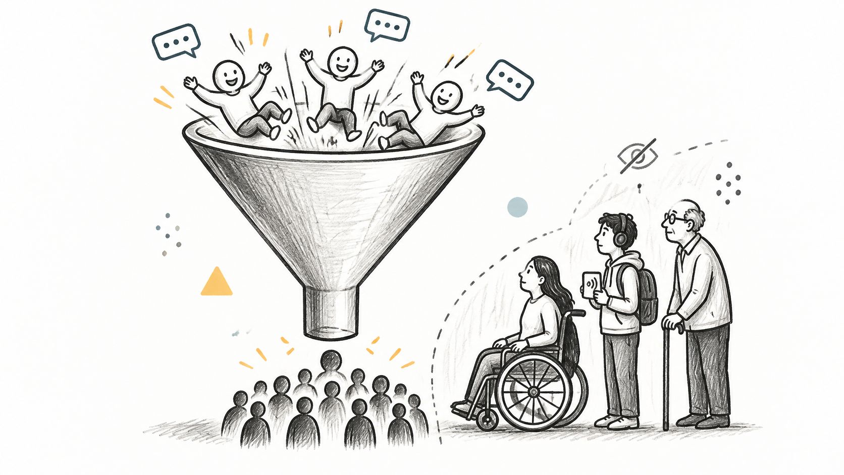 A line drawing illustration showing a funnel filtering diverse people into an inclusive and accessible group.