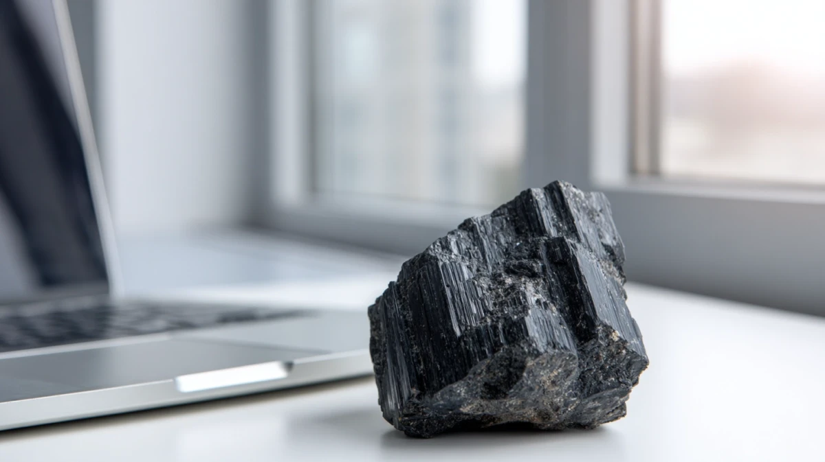 Black tourmaline crystal placed beside computer monitor