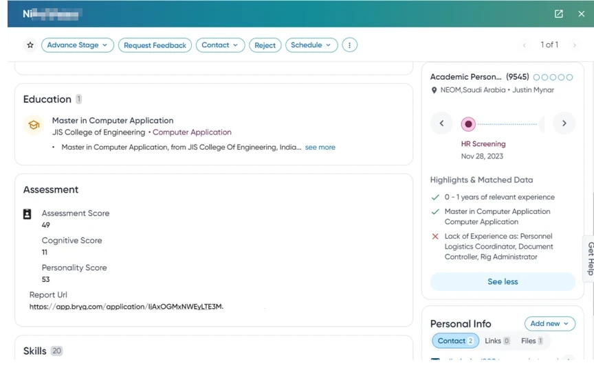 Application dashboard showing candidate details including education, assessment scores, and matched data for an HR screening.