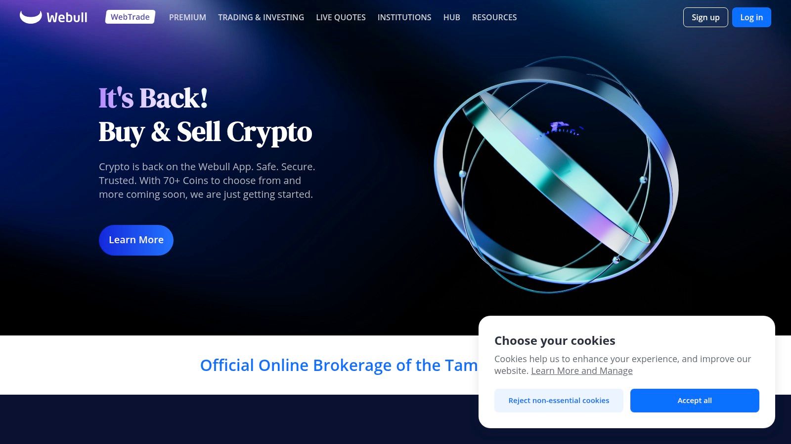A screenshot of the Webull app interface showing stock charts and trading options.