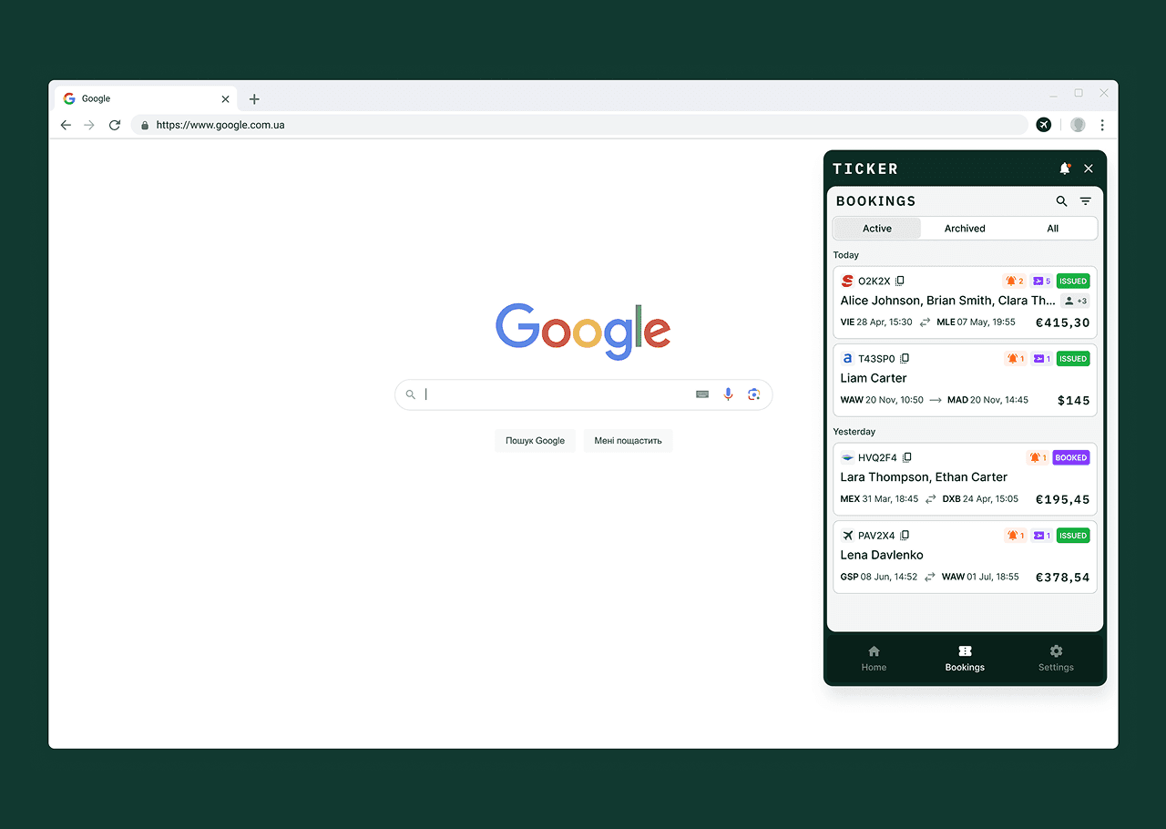 Opened Ticker extension on Google 