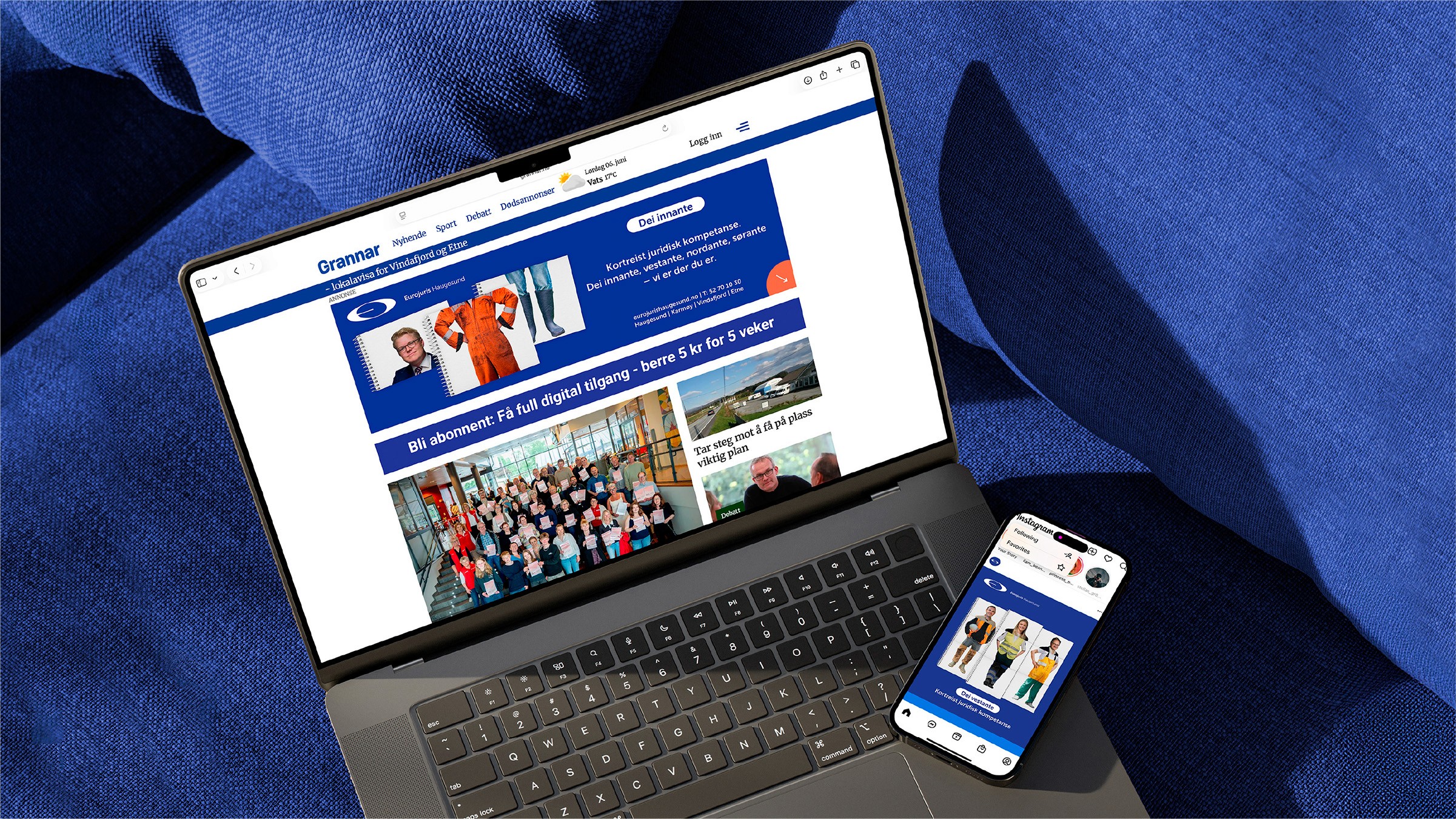 PC og mobil som viser annonse i digital avis og instagram