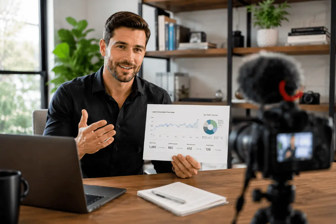 A real estate professional recording an educational video while reviewing lead conversion analytics on a digital dashboard.