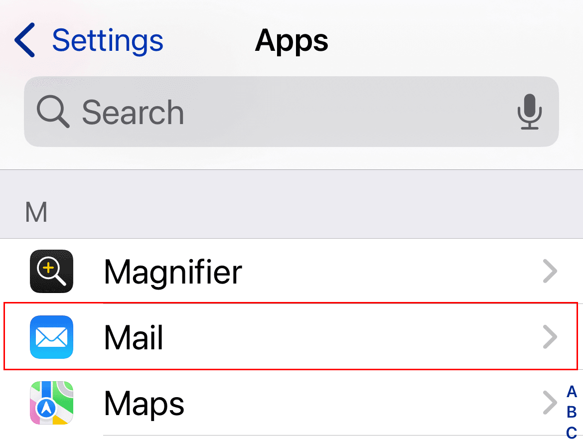 The Apps page with the Mail app highlighted.