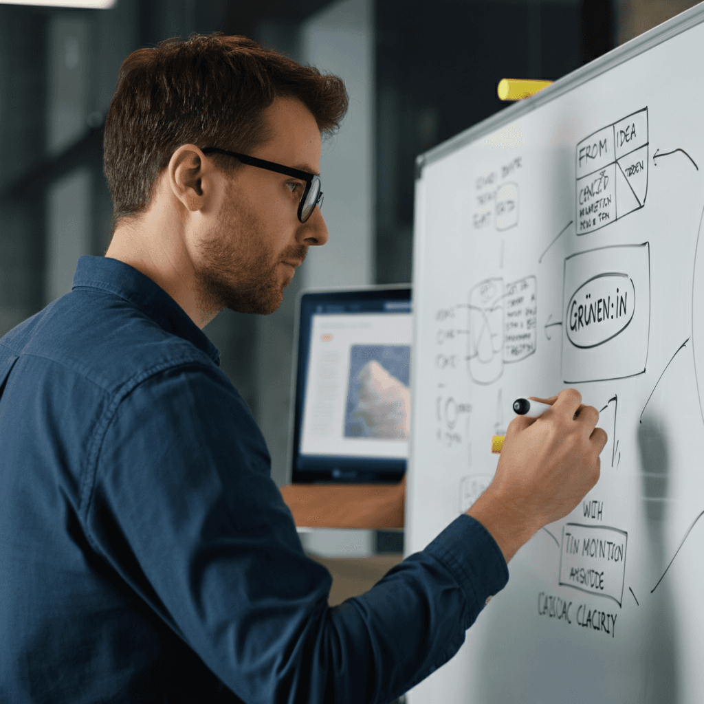 Eine realistische, leicht stilisierte Illustration oder Fotomontage mit:
– Gründer:in am Whiteboard mit Skizzen,
– digitale Tools im Hintergrund (Laptop, Prototyp),
– Blick nach vorn, energiegeladen.
→ Der Fokus: "From idea to execution – with clarity."