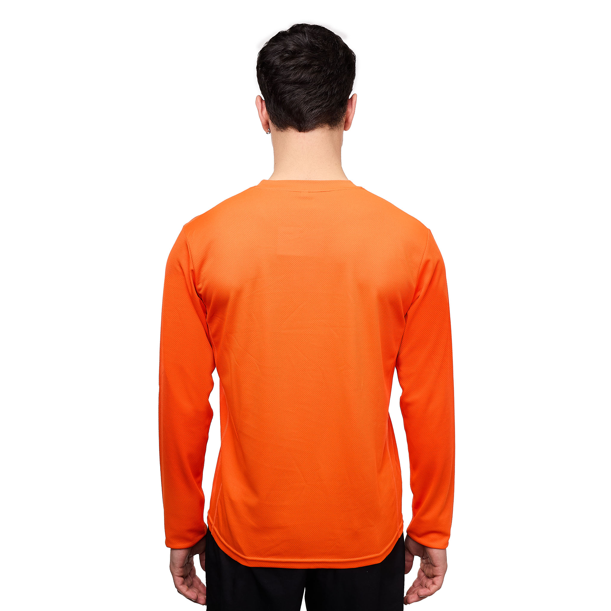 Orange G-Heat long-sleeve cooling T-shirt worn from the back by a man, white background
