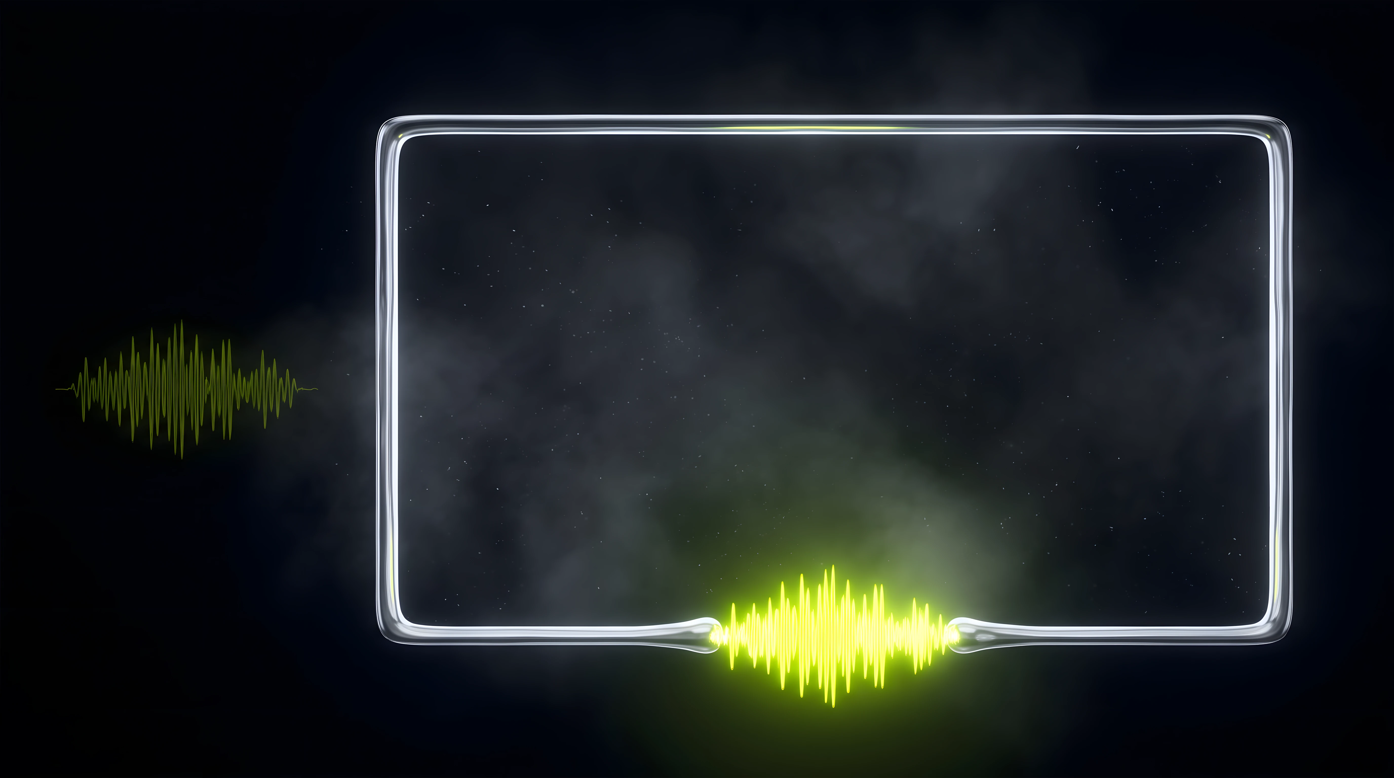 A short toxic lime waveform nested inside a larger chrome rectangle resembling a video frame on deep void black, representing a sound logo evaluated in placement rather than in isolation.