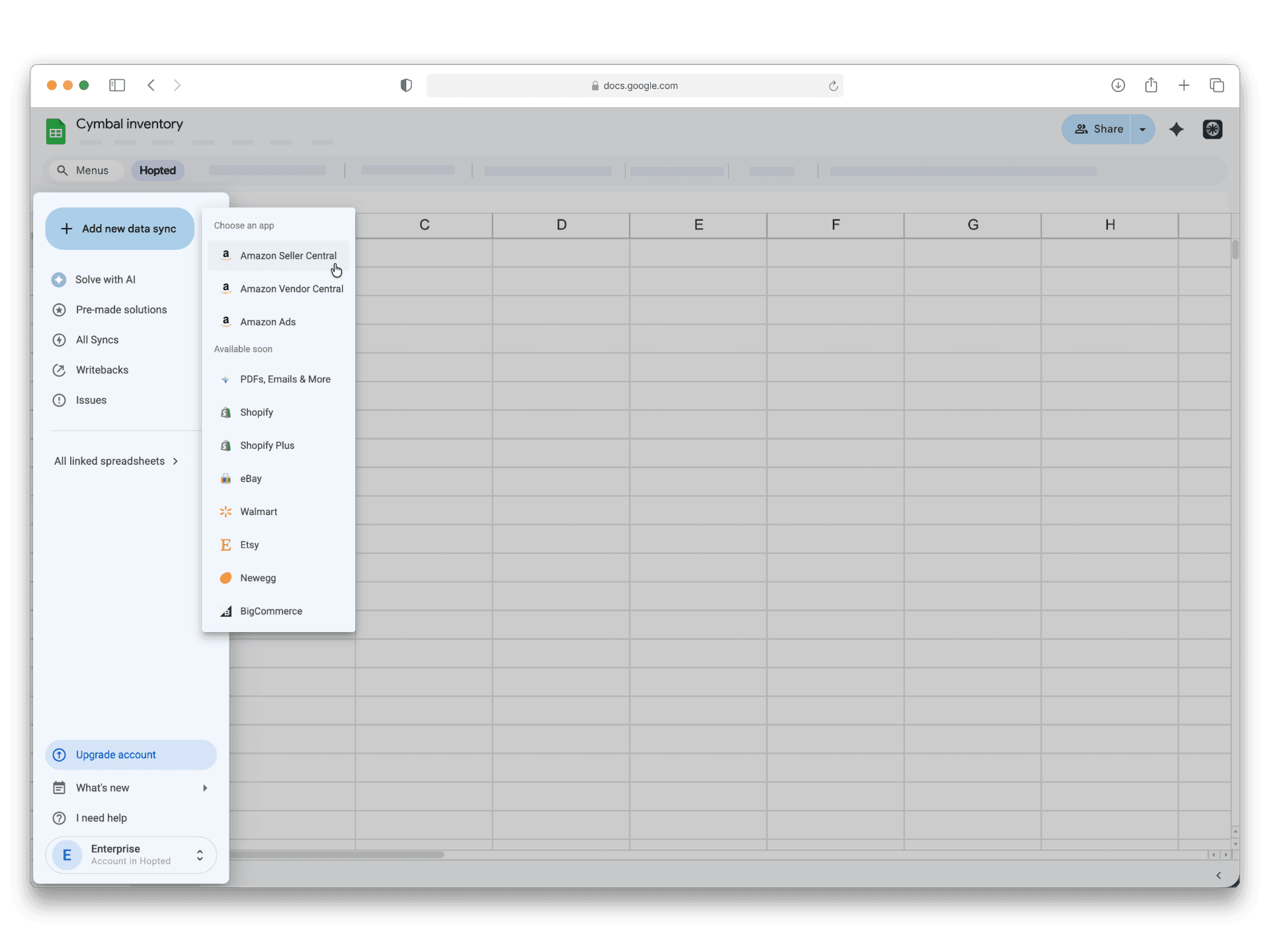 Hopted in Google Sheets - Connect Amazon business account