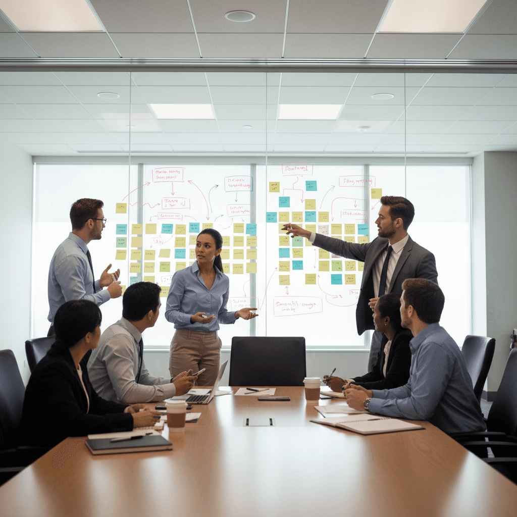 Cross-functional team mapping an ERP CRM integration workflow on a whiteboard with sticky notes