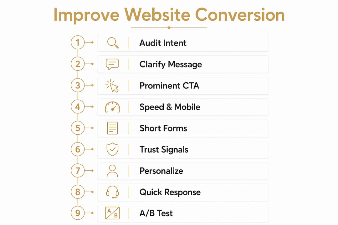 Infographic showing key steps to improve website traffic conversion