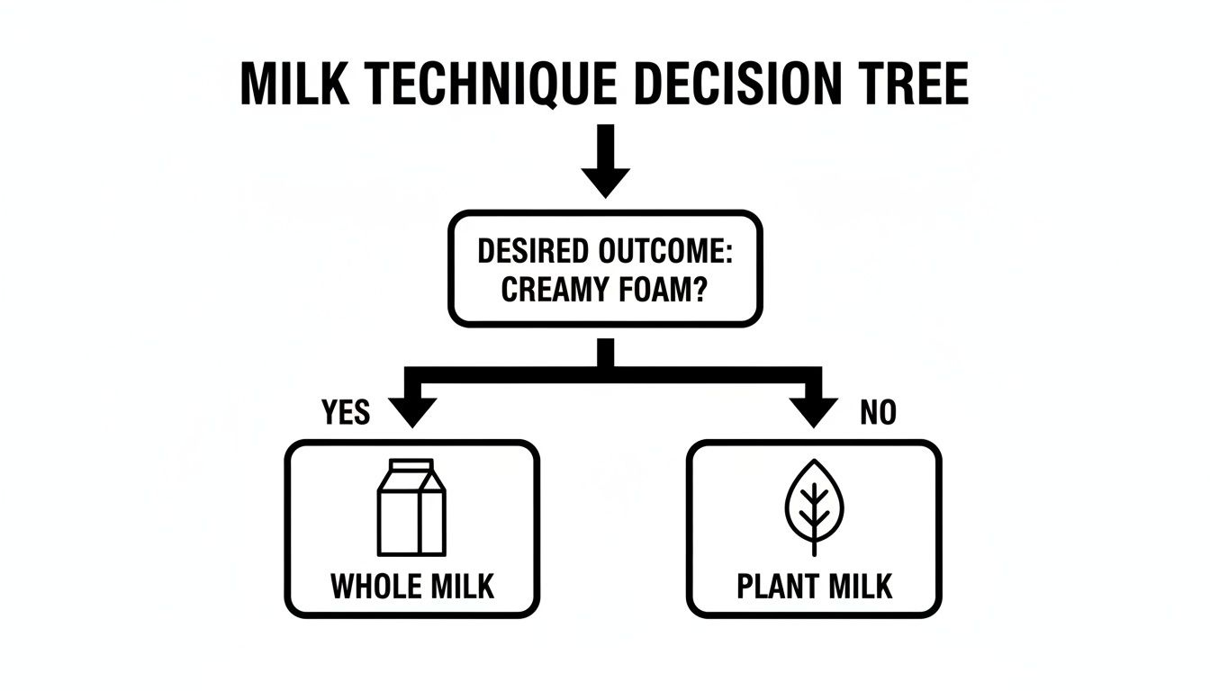 Decision tree illustrating milk choices: whole milk for creamy foam, plant milk otherwise.