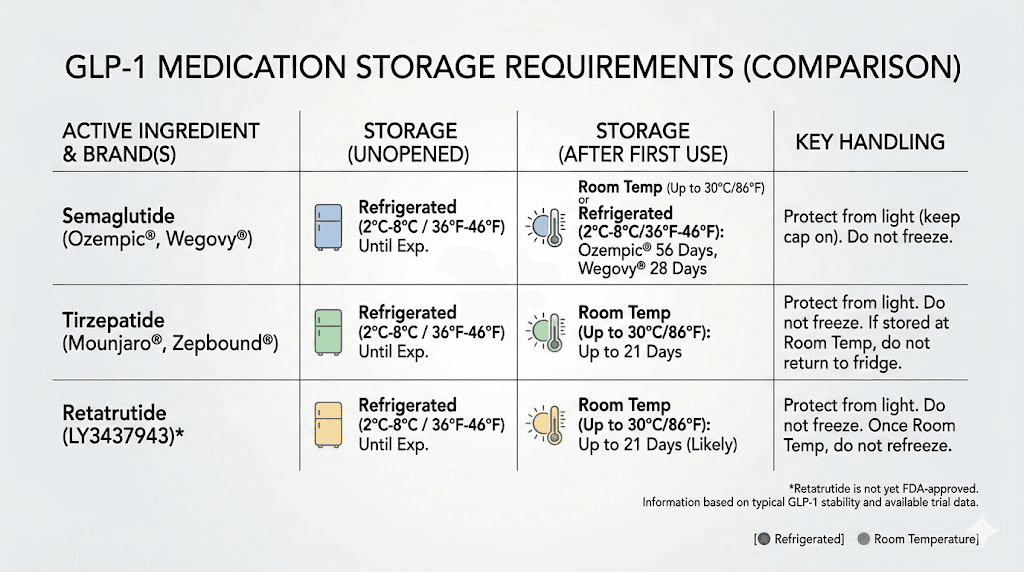 GLP-1 medication storage comparison chart for semaglutide tirzepatide and retatrutide